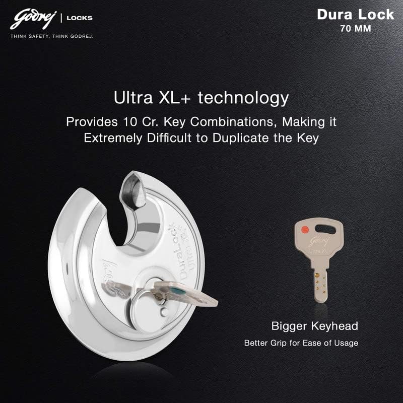 Godrej Duralock Ultra XL+ 70 ממ | מנעול מפתח נירוסטה כבד. Waterpoof ו- Protrestim עם 3 מפתחות | ליחידות אחסון,